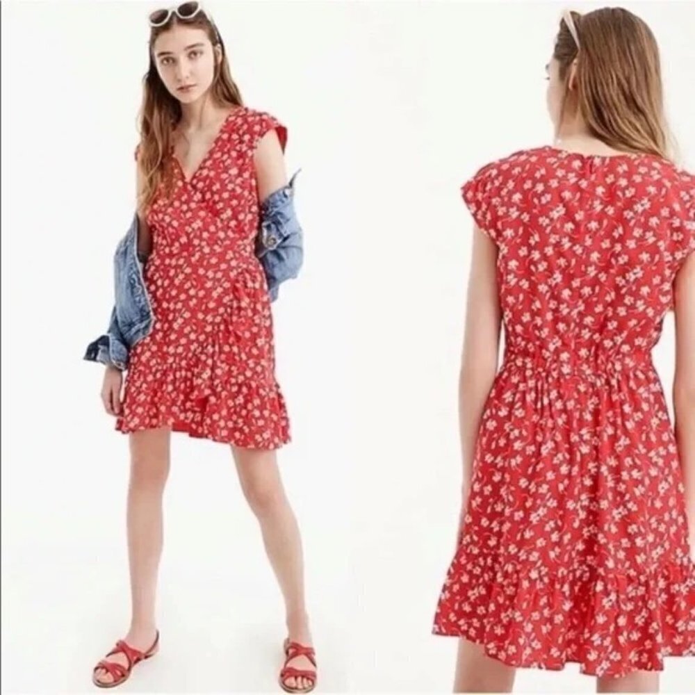J Crew Mercantile Womens Size 4 V Neck‎ Ruffle Floral A Line Dress in Red J4401